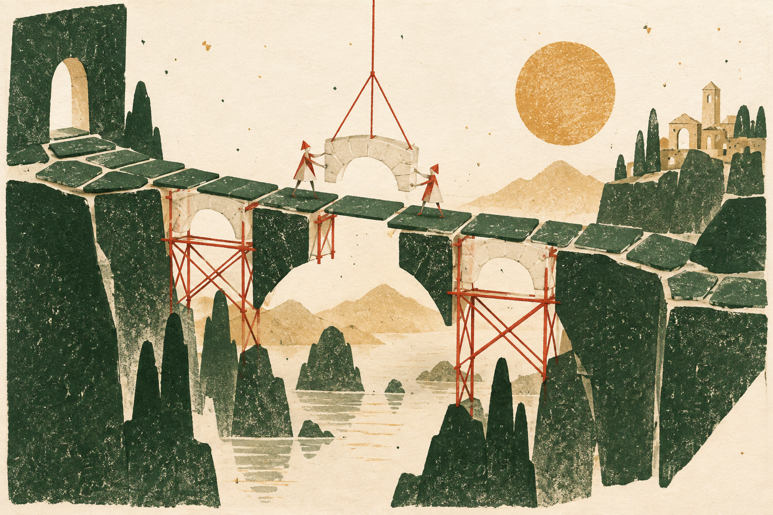 Paper stagehands suspend a pale arch over a partly built green bridge; red scaffolds support its missing spans.