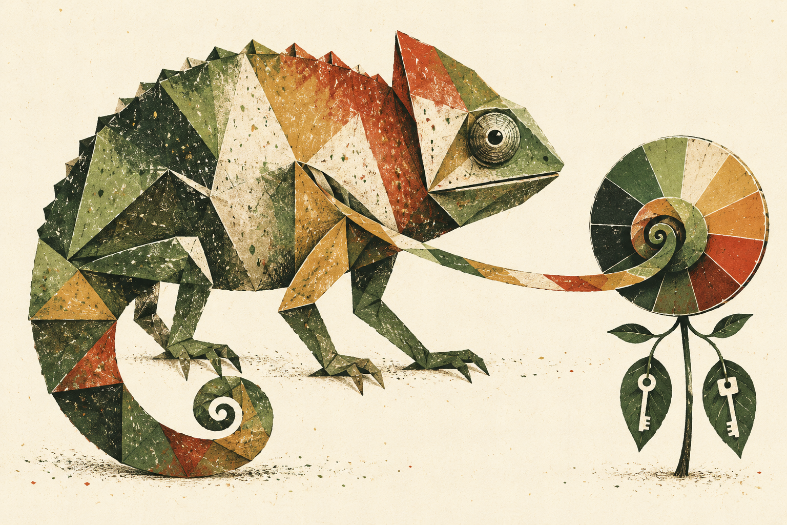 A folded paper chameleon changes colors as a ribbon connects it to a color wheel with two key-shaped leaves.