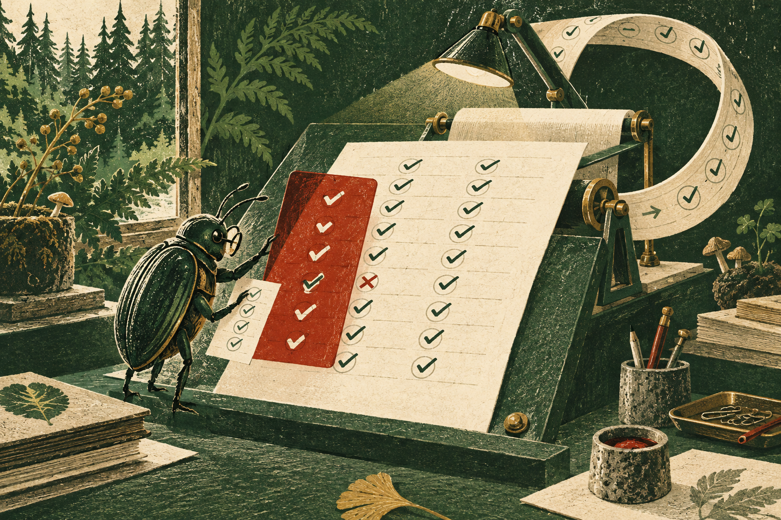 A beetle proofreader checks a looping examination sheet against a red registration stencil.