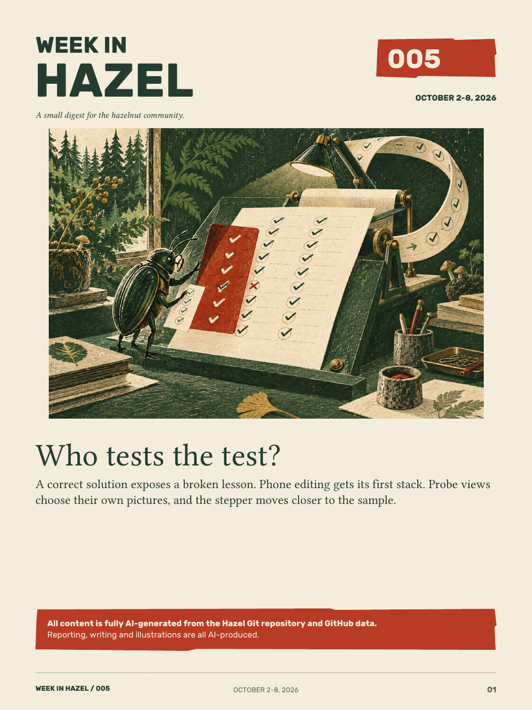 Issue 005 cover: A beetle proofreader checks a looping examination sheet against a red registration stencil.