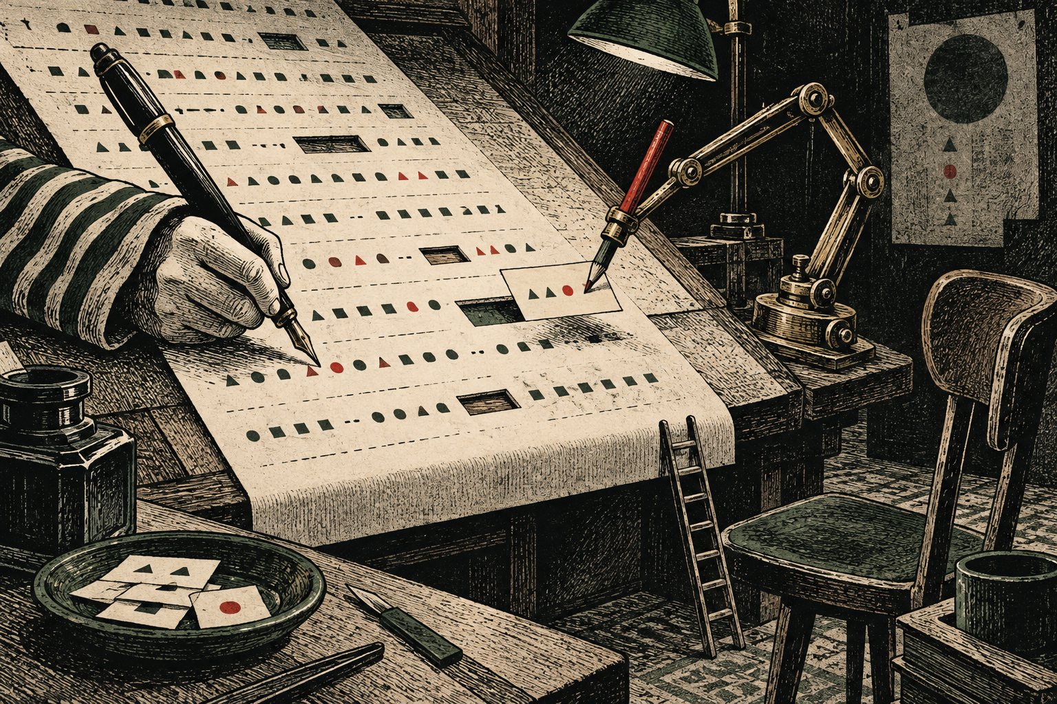 Cover illustration: A pen and a mechanical pencil arm share a drafting desk.
