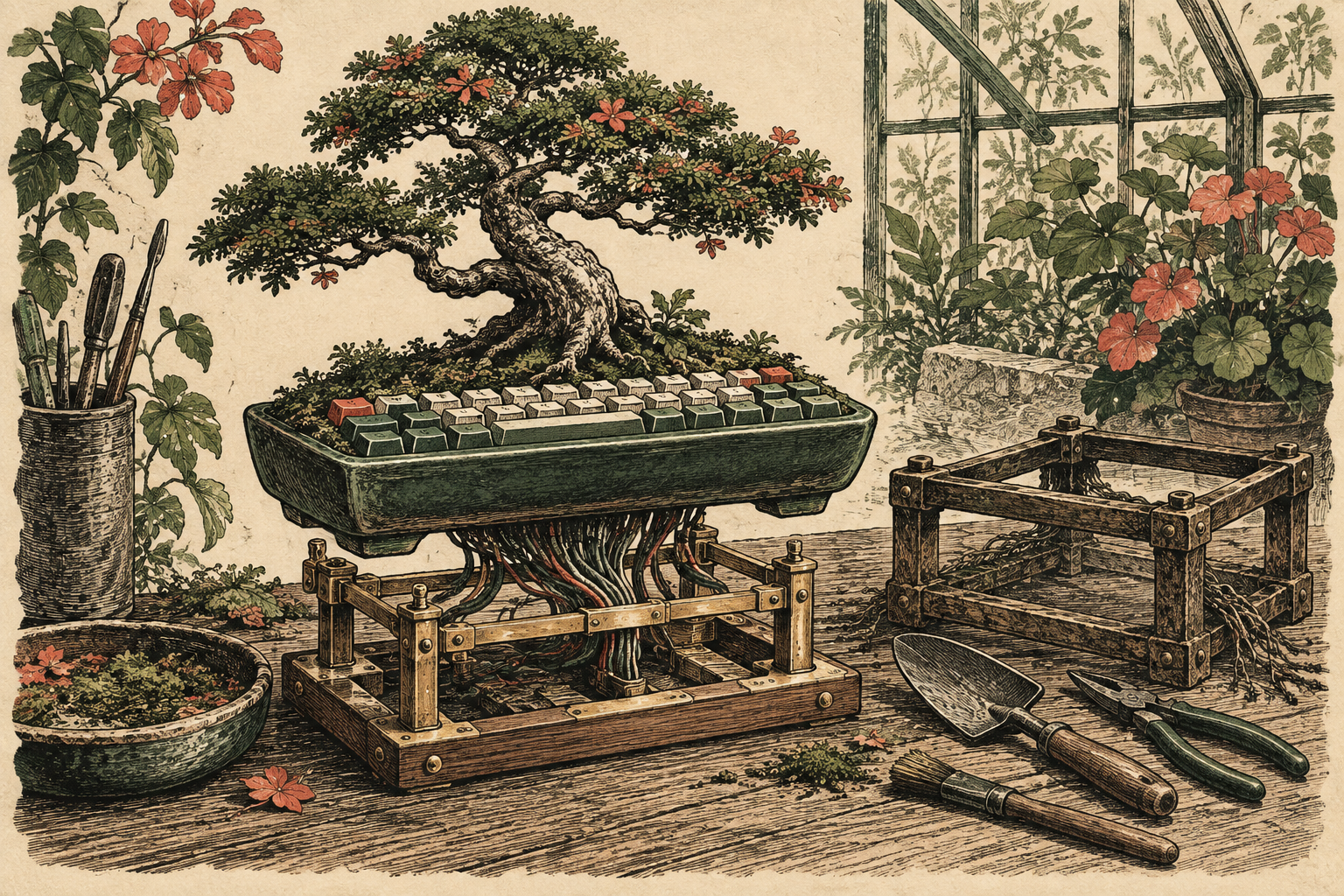 Cover illustration: A bonsai tree with its roots connected to a new support.
