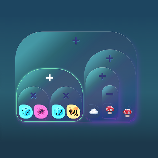 A abstract algebraic tree structure with emojis representing variables